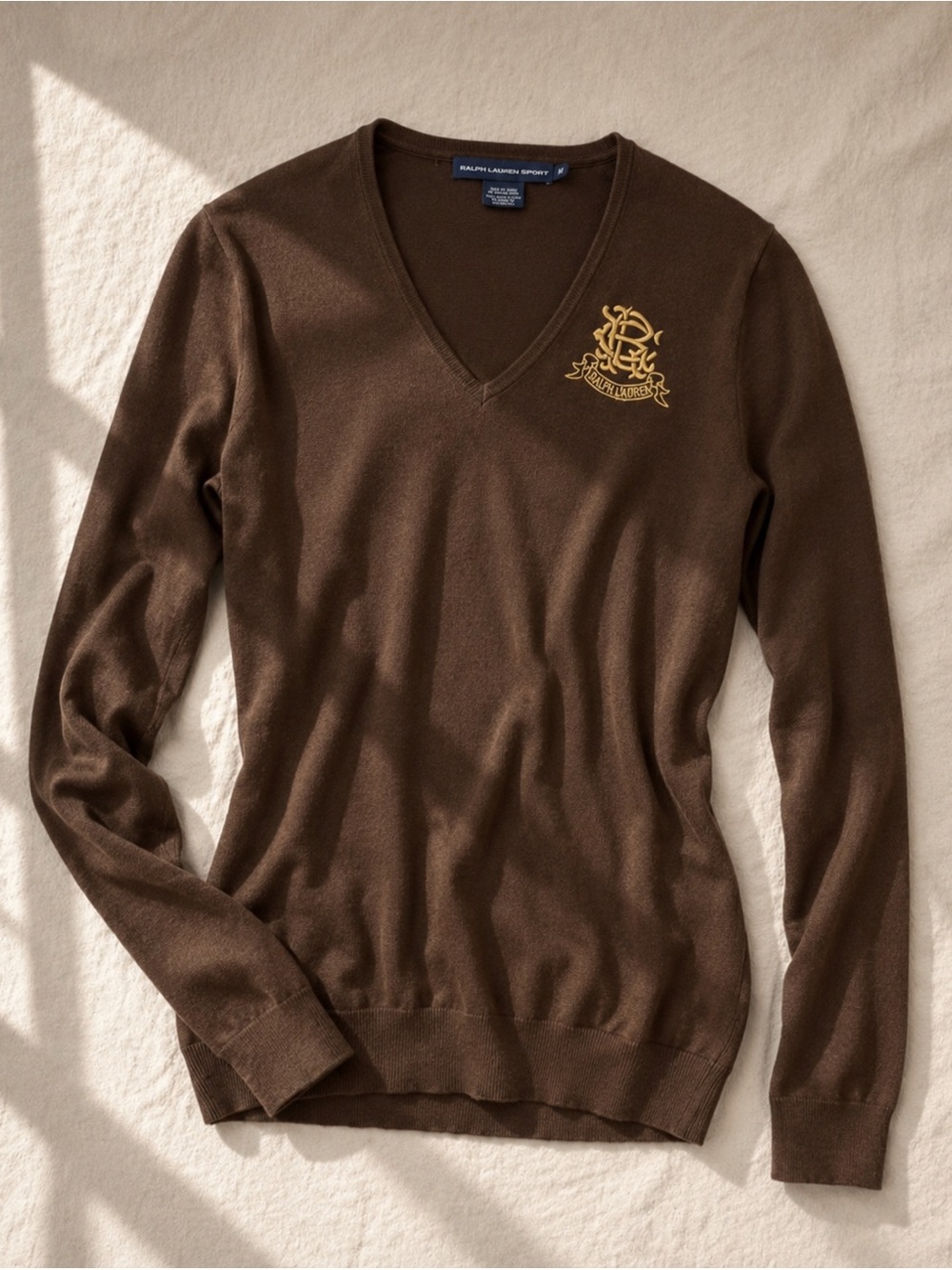 Ralph Lauren Sport Chocolate Brown V-Neck Sweater Gold Crest Medium - Picture 3 of 8